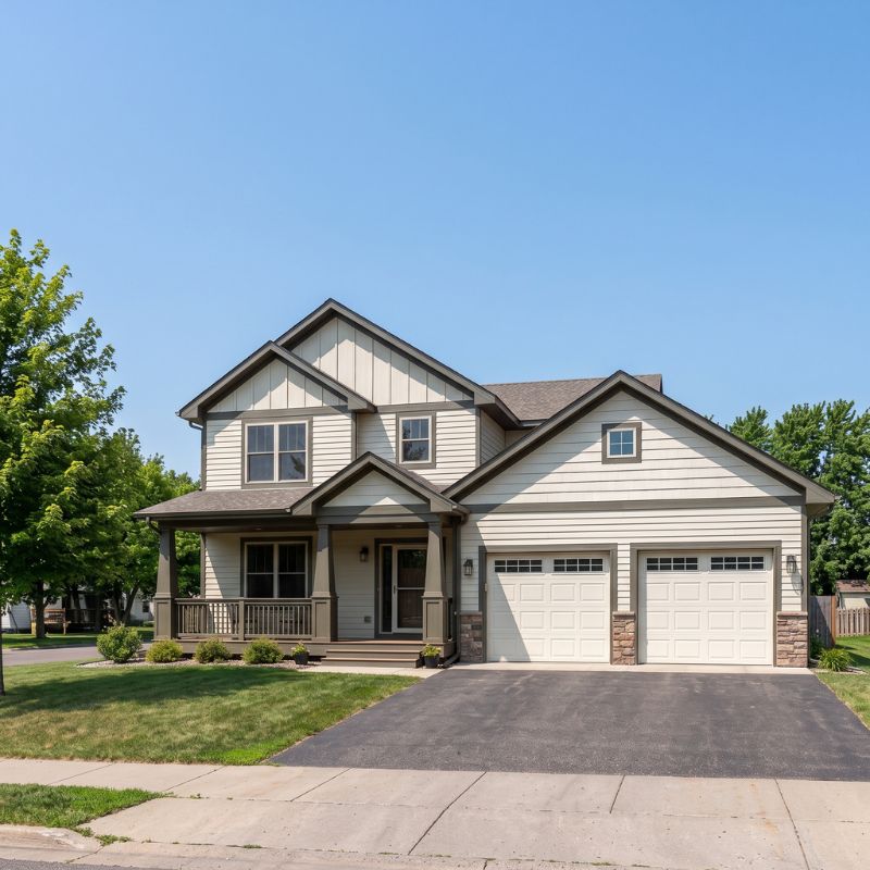 Craftsman-style two-story home with white double garage doors in Milaca, MN