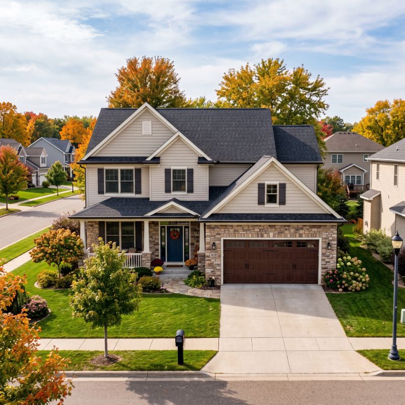 A two-story suburban house in Albany, Minnesota, featuring light beige siding, stone facade accents, and a dark brown garage door. A concrete driveway leads to the home, surrounded by a manicured lawn and vibrant autumn trees under a lightly clouded blue sky.