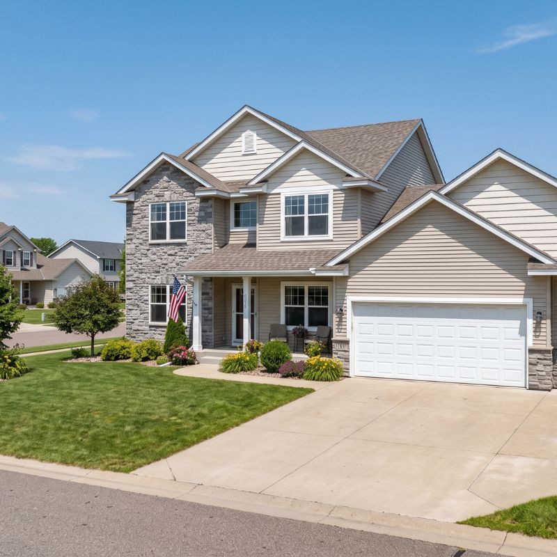 "Two-story home with stone accents and white three-car garage doors in Avon, MN"