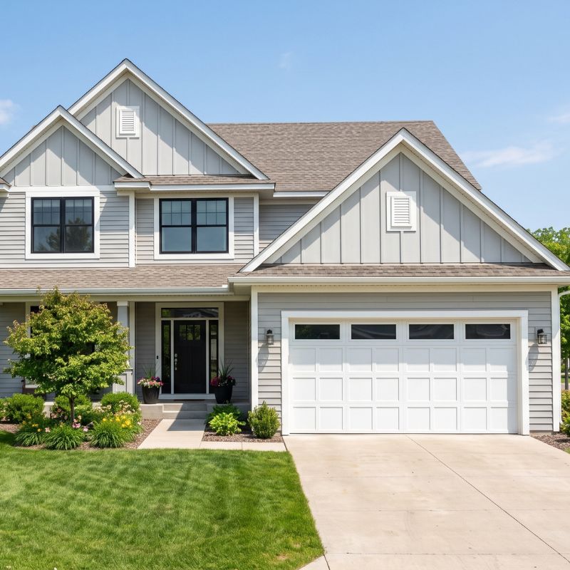 A street-level photograph of a well-maintained two-story Craftsman home in Becker, MN, with grey and stone siding, a large front-facing garage, and a manicured green lawn with various shrubs and trees. An American flag hangs by the front porch.