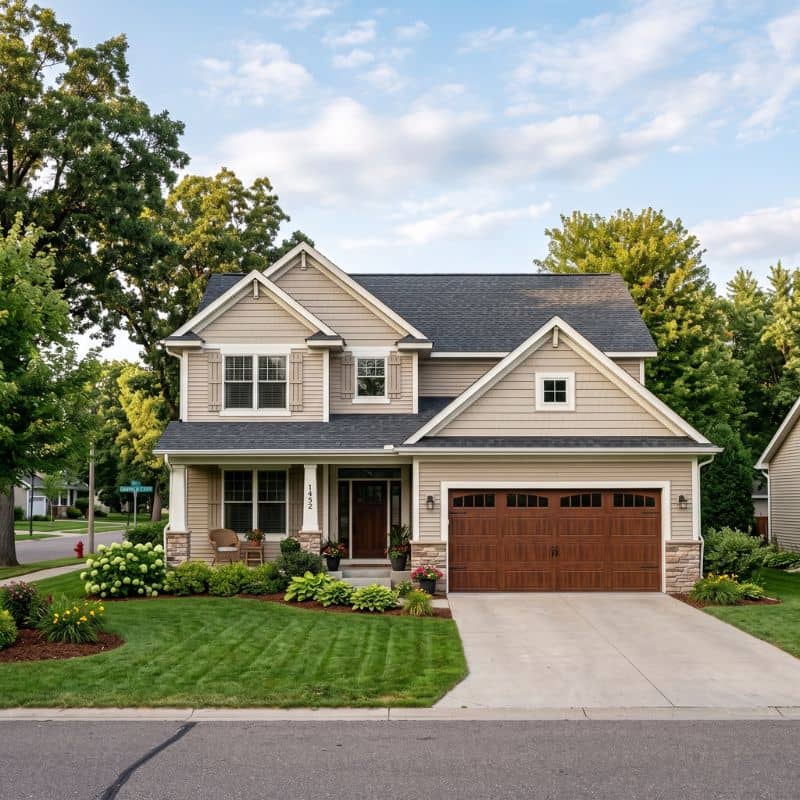 A beautiful residential home in Big Lake, Minnesota, featuring a prominent, rich dark wood-grain paneled garage door with decorative upper windows, professionally installed by After Hours Garage Doors, set within stone pillars, with a concrete driveway and lushly landscaped front yard.