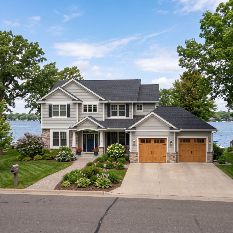 Garage door serviced by After Hours Garage Doors on lakefront home in Clear Lake, MN
