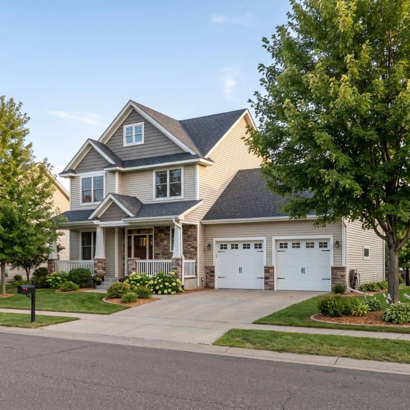Two-story home with white two-car garage doors serviced by After Hours Garage Doors in Clearwater, MN