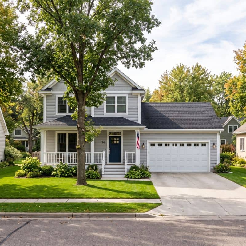 Two-story light gray home in Cold Spring, MN, with a white garage door, front porch, and manicured lawn.