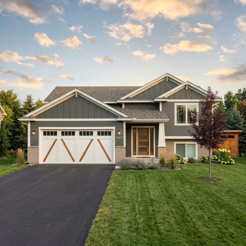 White carriage-style garage door with wood accents serviced by After Hours Garage Doors in Darwin, MN