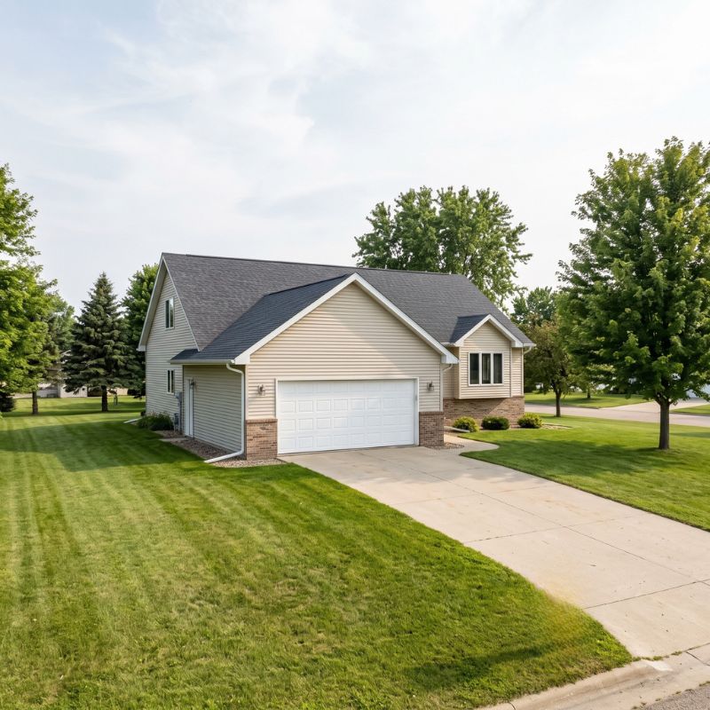 Insulated double garage door on brick-accented rambler in Foreston, Minnesota