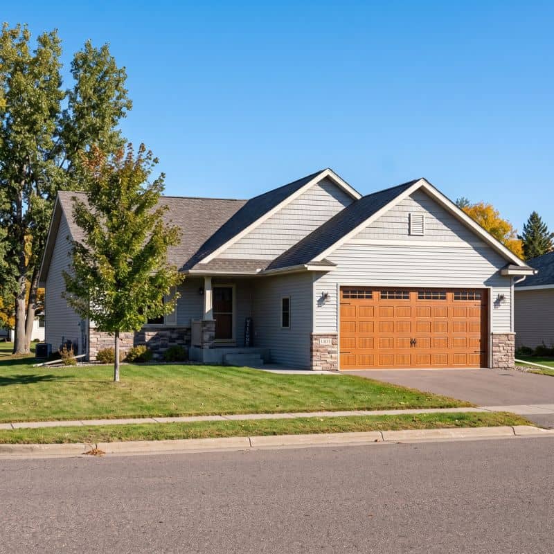 Wood-tone carriage-style garage door serviced by After Hours Garage Doors in Gilman, MN