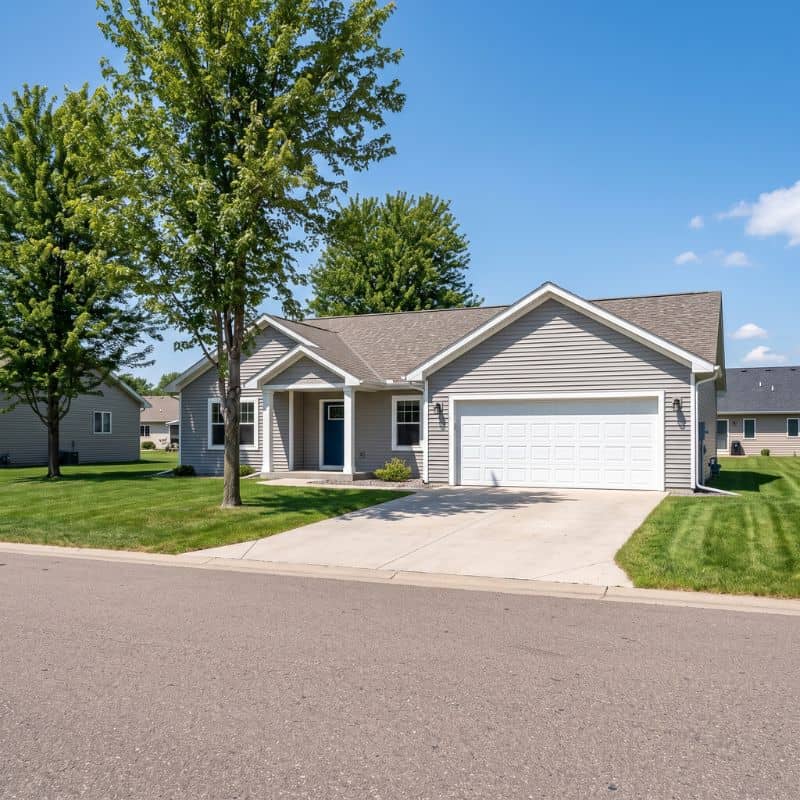 Insulated double garage door on gray single-story home in Grey Eagle, Minnesota