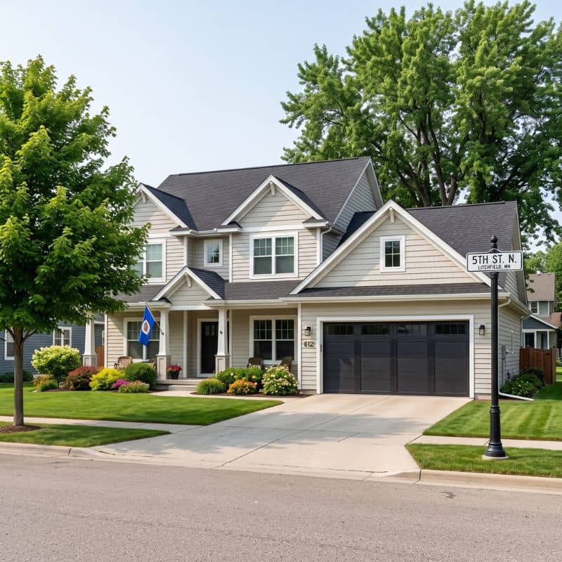 Dark carriage-style double garage door serviced by After Hours Garage Doors in Litchfield, MN