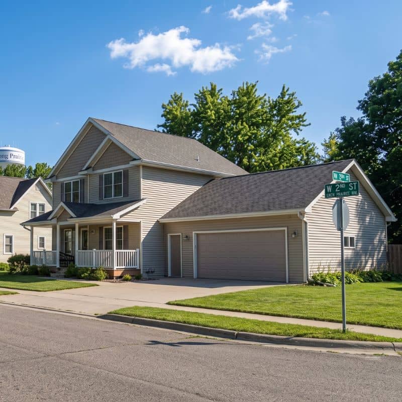 Modern two-story house with tan siding and attached two-car garage door, Long Prairie MN residential neighborhood