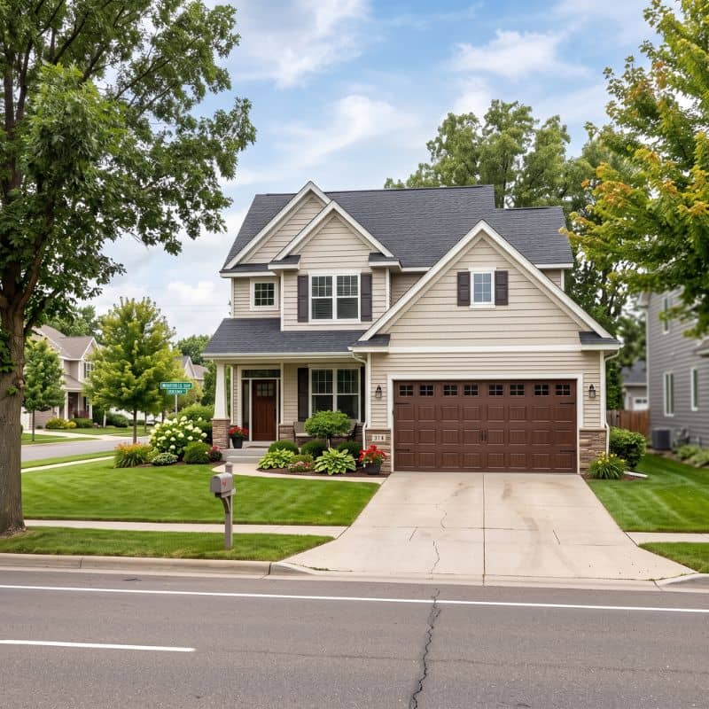 A street-level photograph of a well-kept suburban home. The main focus is the attached two-car garage with its distinctive dark brown, wood-grain paneled door and upper windows, showcasing the expert installation and prompt service provided by After Hours Garage Door service.