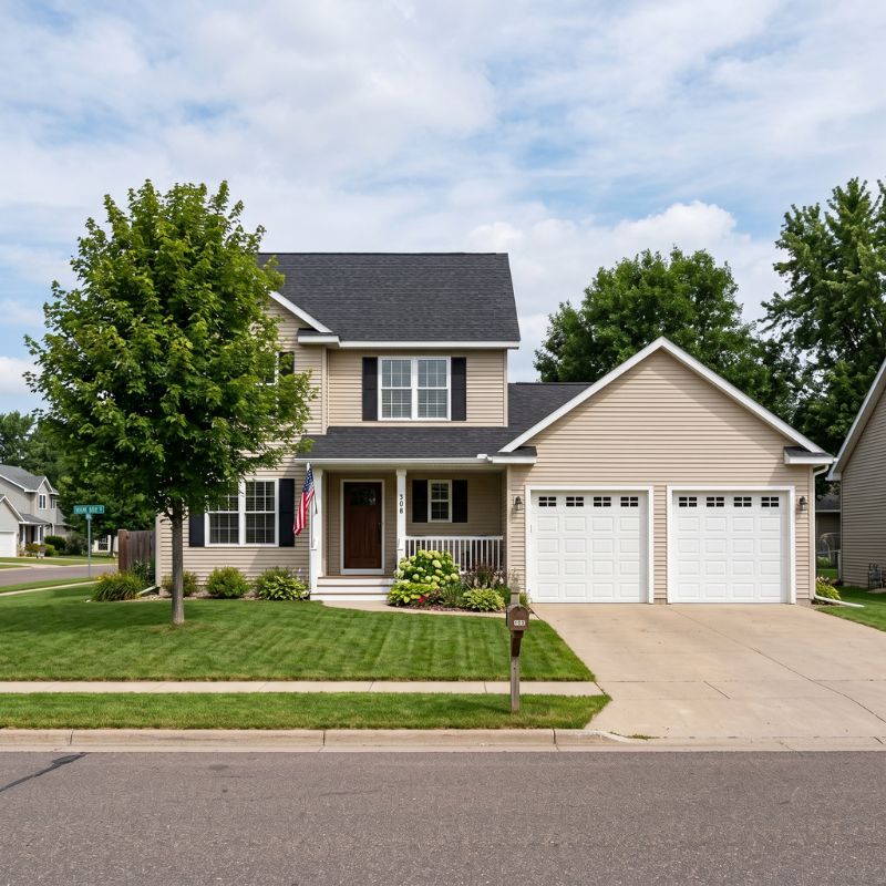 A two-story beige home in Paynesville, Minnesota featuring black shutters, a two-car garage with an empty concrete driveway, a manicured green lawn, and an American flag on the front porch.