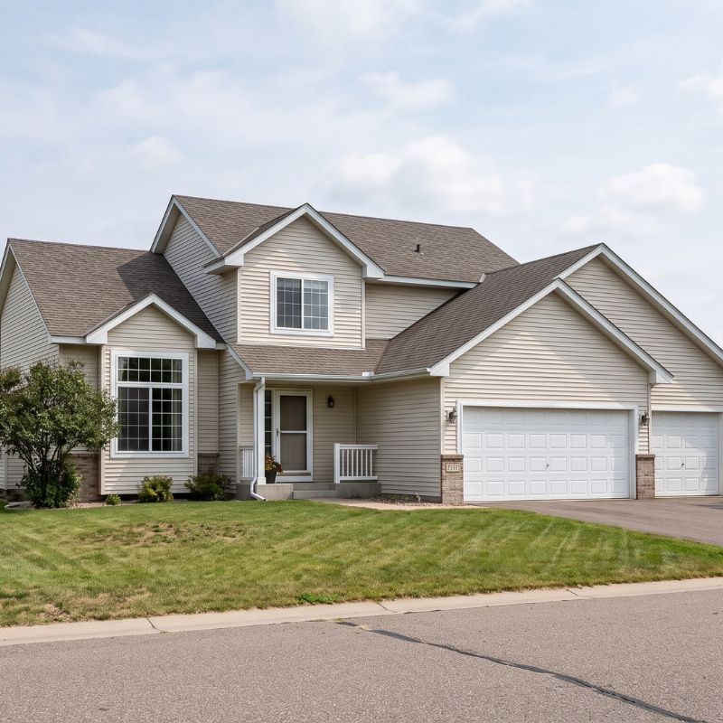 "Two-story home with stone accents and white three-car garage doors in Avon, MN"