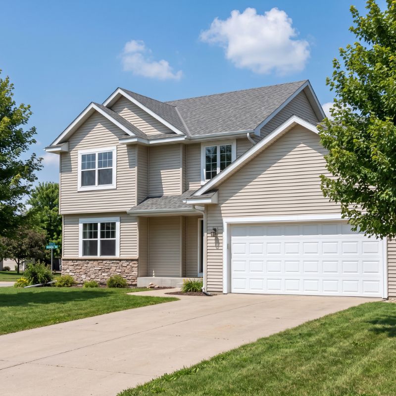 White double garage door serviced by After Hours Garage Doors on two-story home in Richmond, MN