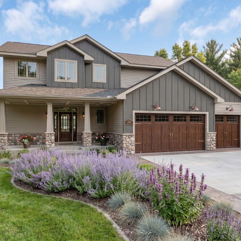 Dark wood-tone carriage-style garage doors serviced by After Hours Garage Doors in Rockville, MN