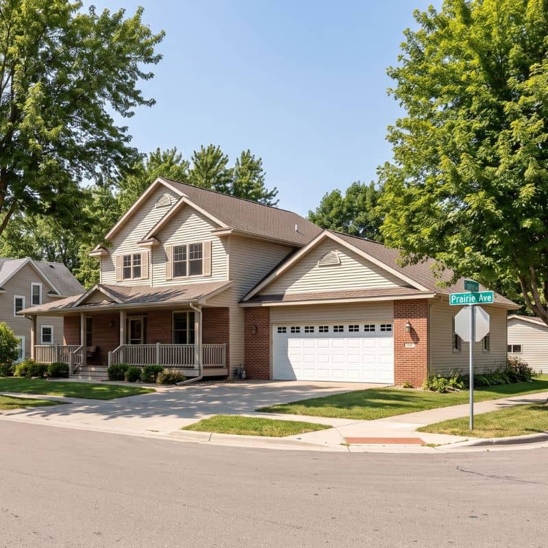 Two-story brick and tan siding home with white two-car garage door in Sauk Centre, MN