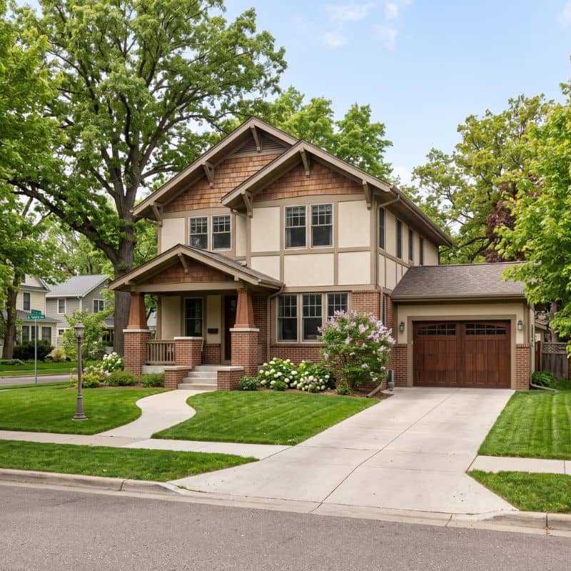 Dark wood-tone carriage-style garage door serviced by After Hours Garage Doors in St. Anthony, MN