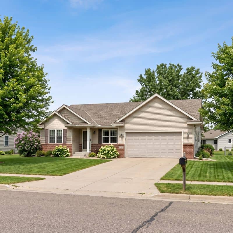 Tan double garage door serviced by After Hours Garage Doors in St. Martin, MN