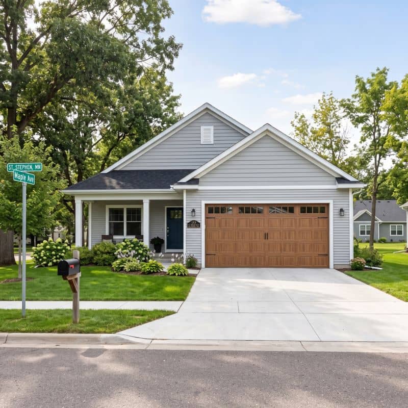 Wood-tone carriage-style garage door serviced by After Hours Garage Doors in St. Stephen, MN
